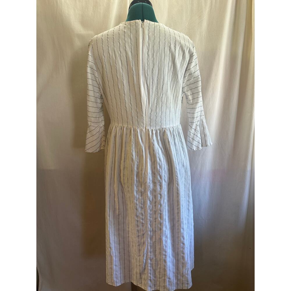 White Striped Cotton Midi Dress – Size Large | Bell Sleeve Cottagecore Dress - Picture 8 of 9